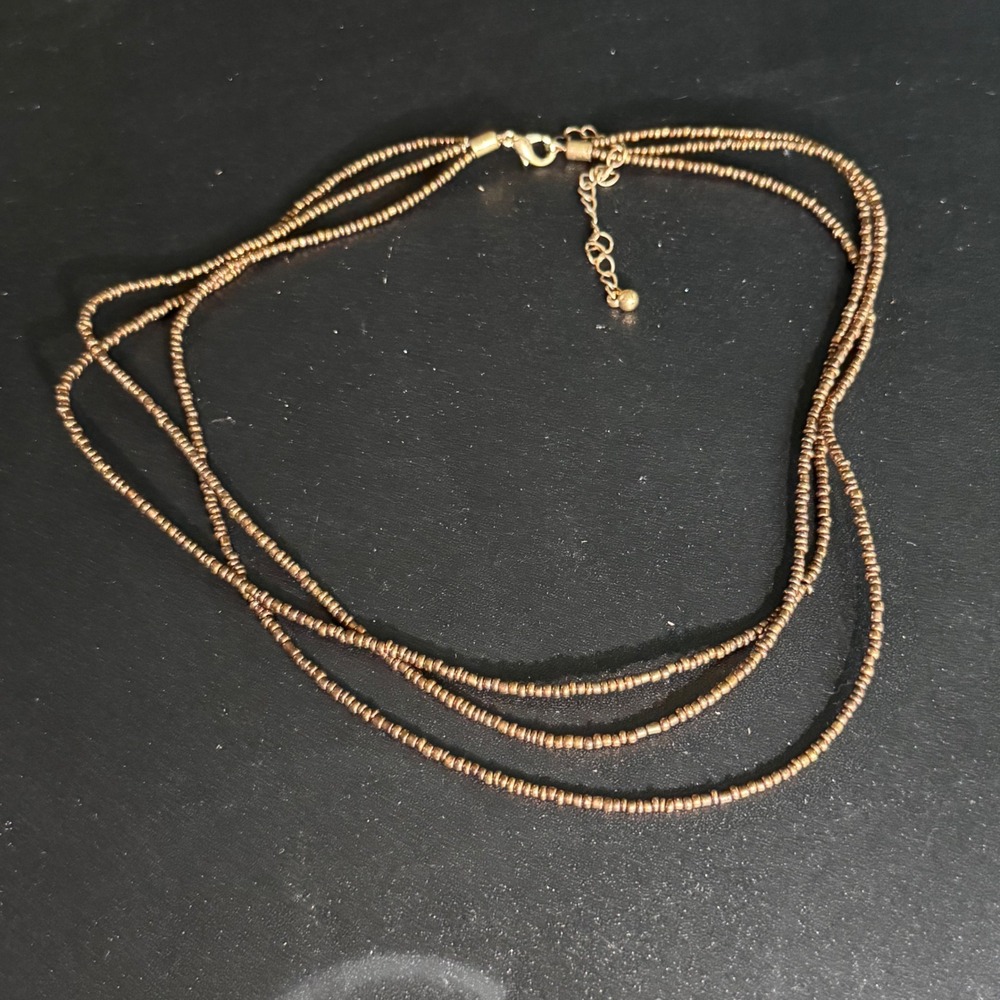 Vintage Brown Seed Bead Multi Strand Layered Necklace Gold Tone Lobster Clasp